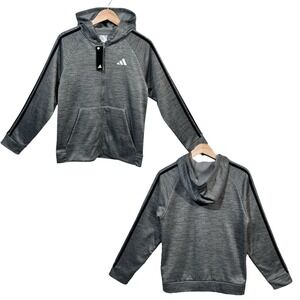 Adidas Youth Boys Full Zip Fleece Hooded Jacket Sz XL (18-20) Gray Black Stripes